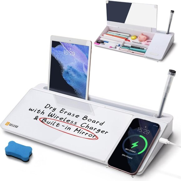Desktop Glass Whiteboard with Wireless Charger Station & Built-in Mirror, Dry Er - Picture 1 of 9